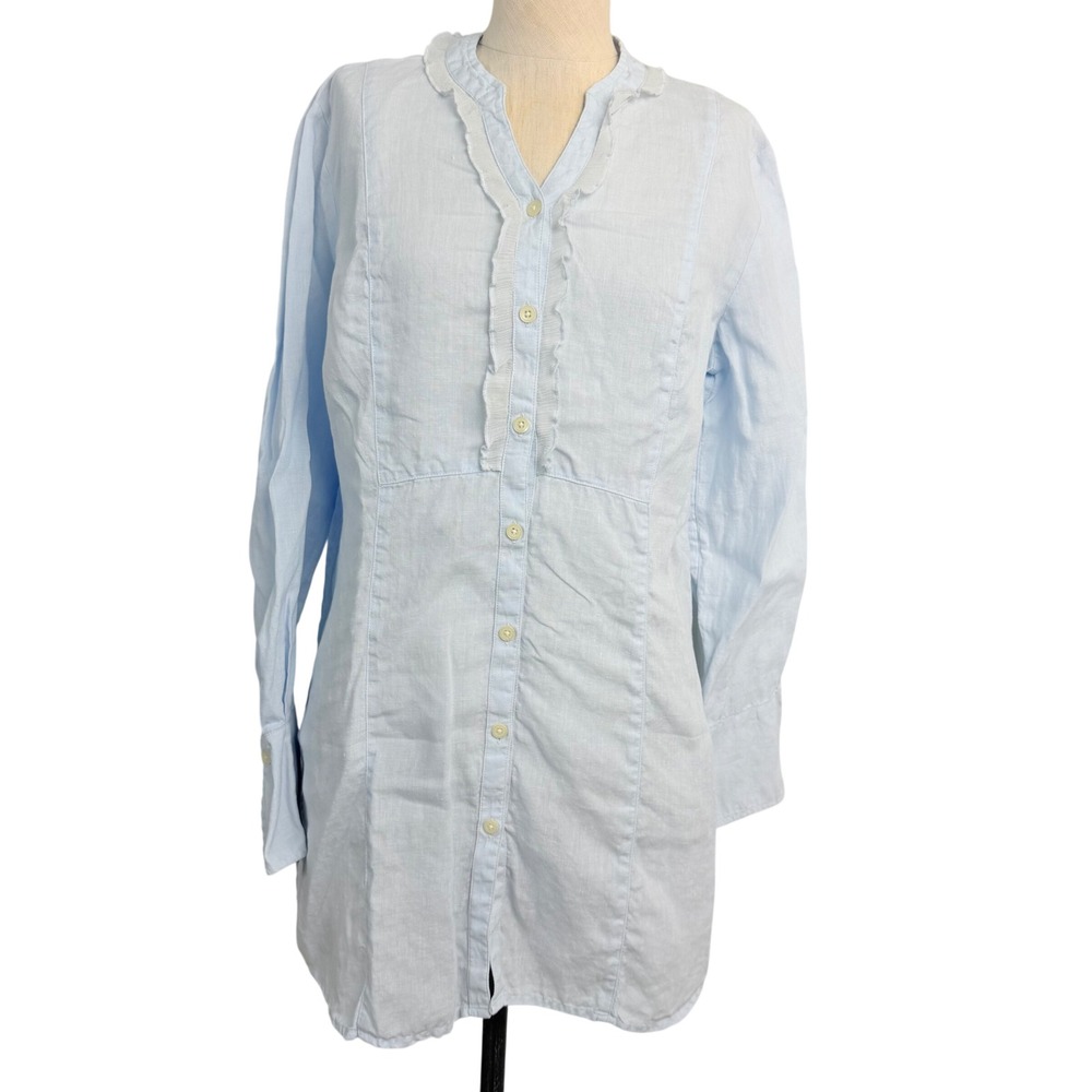 J.Jill Womens Light Blue 100% Linen Ruffle Trim Button Front Tunic Shirt Medium
